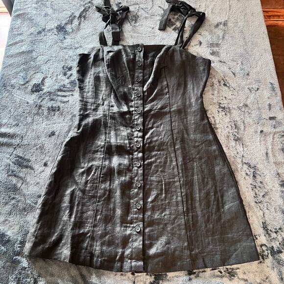 Forever 21 Black Linen Blend Button Front Dress Women’s Large Tie Strap Sundress - Picture 1 of 9